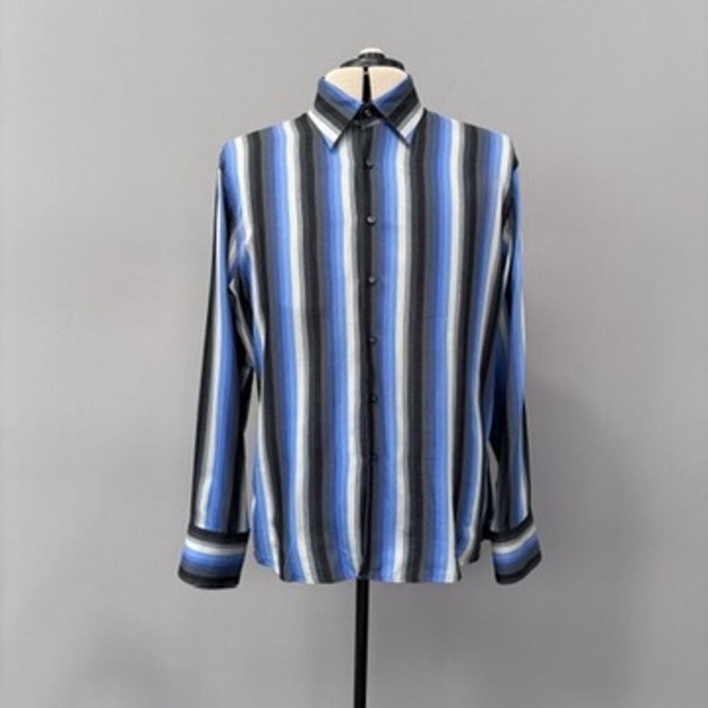 Kenneth Cole Mens Long Sleeve Dress Shirt Blue Gray Stripe XL